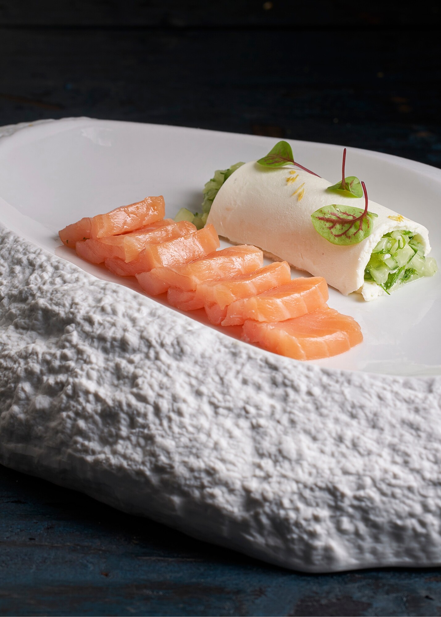 Cold-smoked salmon with sour cream textures