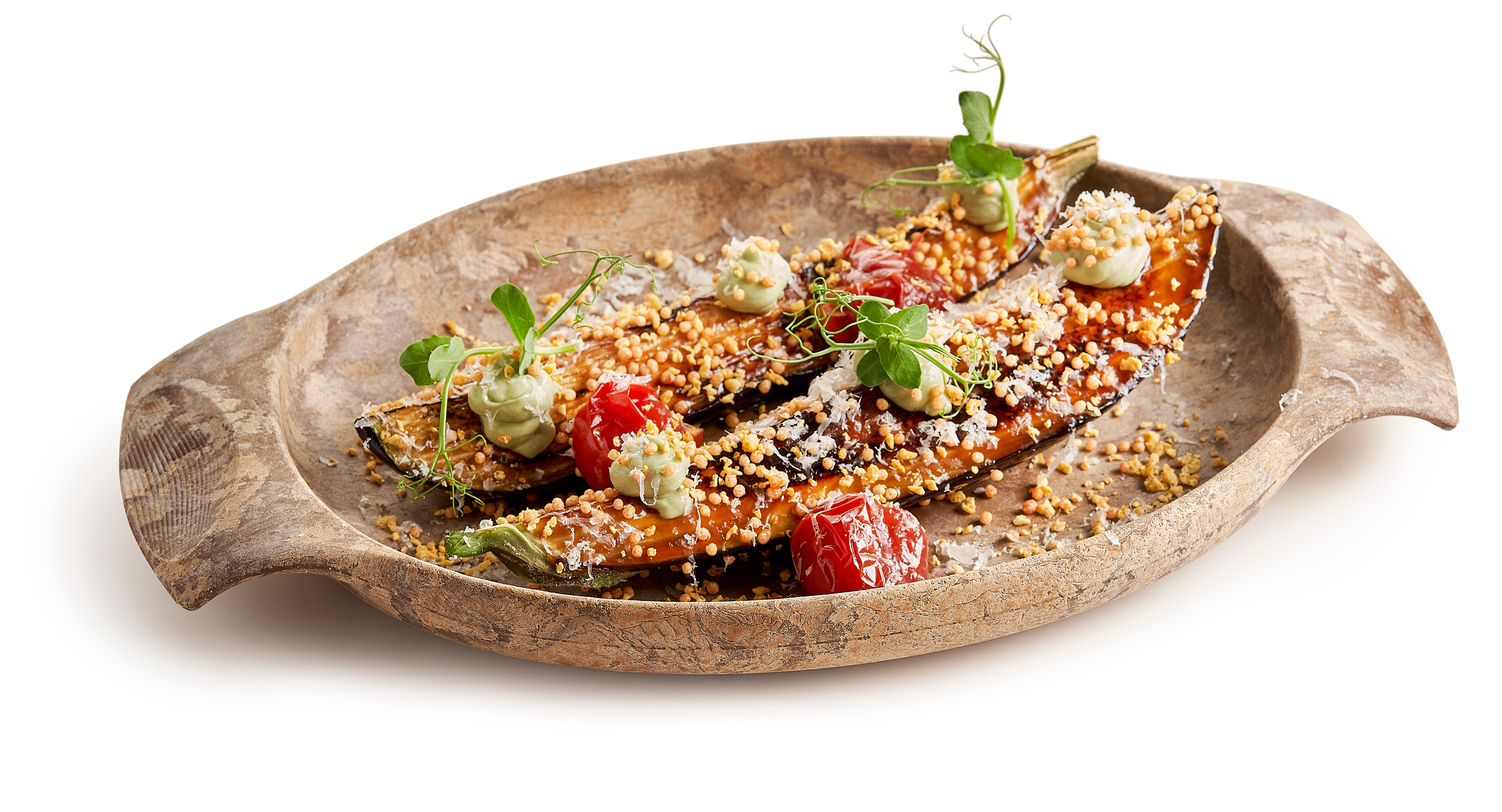 Lacquered aubergine with Rice Crispies and Crunchy Grains & Seeds